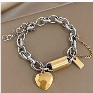 Chunky Thick Chain Silver & Gold Bracelet with Heart & Lock Pendant
